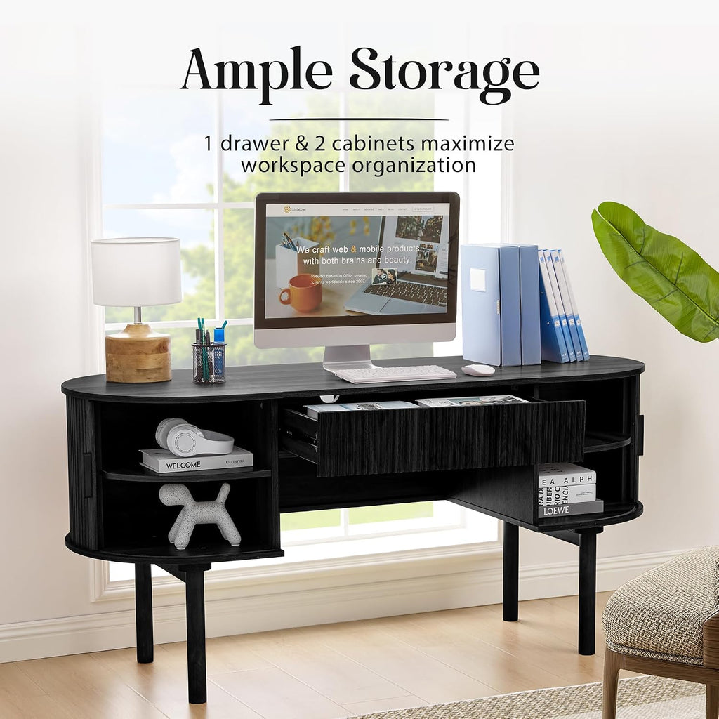 Executive Office Desk with Storage, 63 Inch Large Computer Workstation Desk with Drawer and File Cabinets, Mid Century Modern Fluted Wood Writing Desk for Home Office, Study Room, Living Room, Black