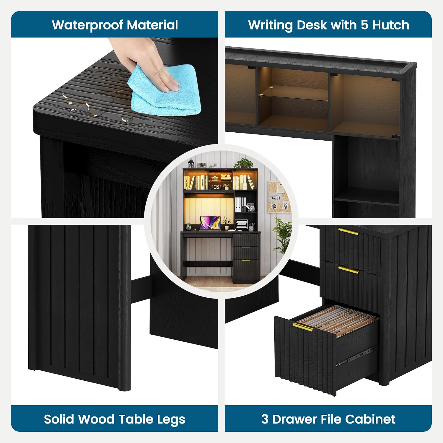 WOOVIVS Standing Desk with LED Light for Office Room, Smart Computer Desk with Hutch and Drawer for Game Room,Modern Study Table with 2AC Port Charging Station/Lamp/for Bedroom (Black)