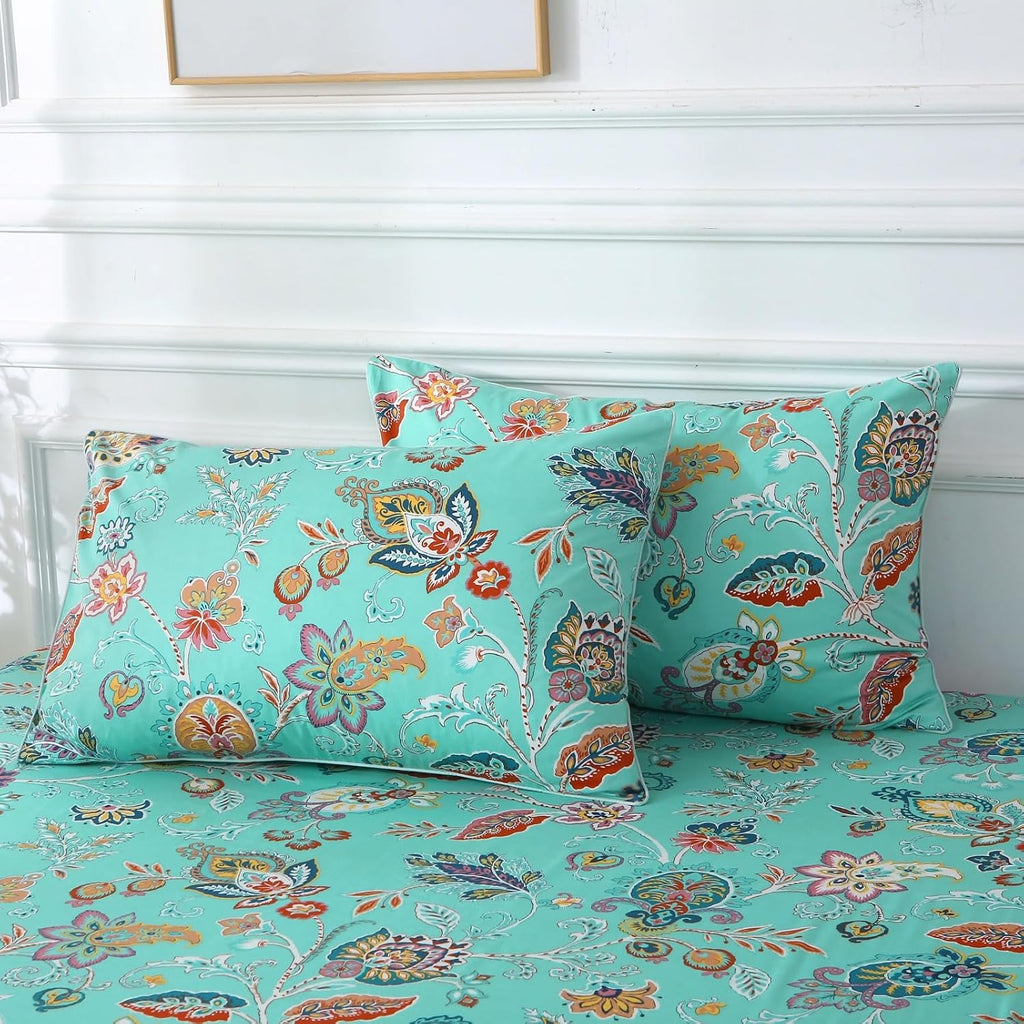 ABREEZE Sheets Set Blue Floral Bedding Rustic Flower Botanical Bed Sheet Set Vintage Farmhouse Bedding 100% Cotton Ultra Soft Breathable Beddings with Deep Pocket Fitted Sheet 4Pcs, King Size