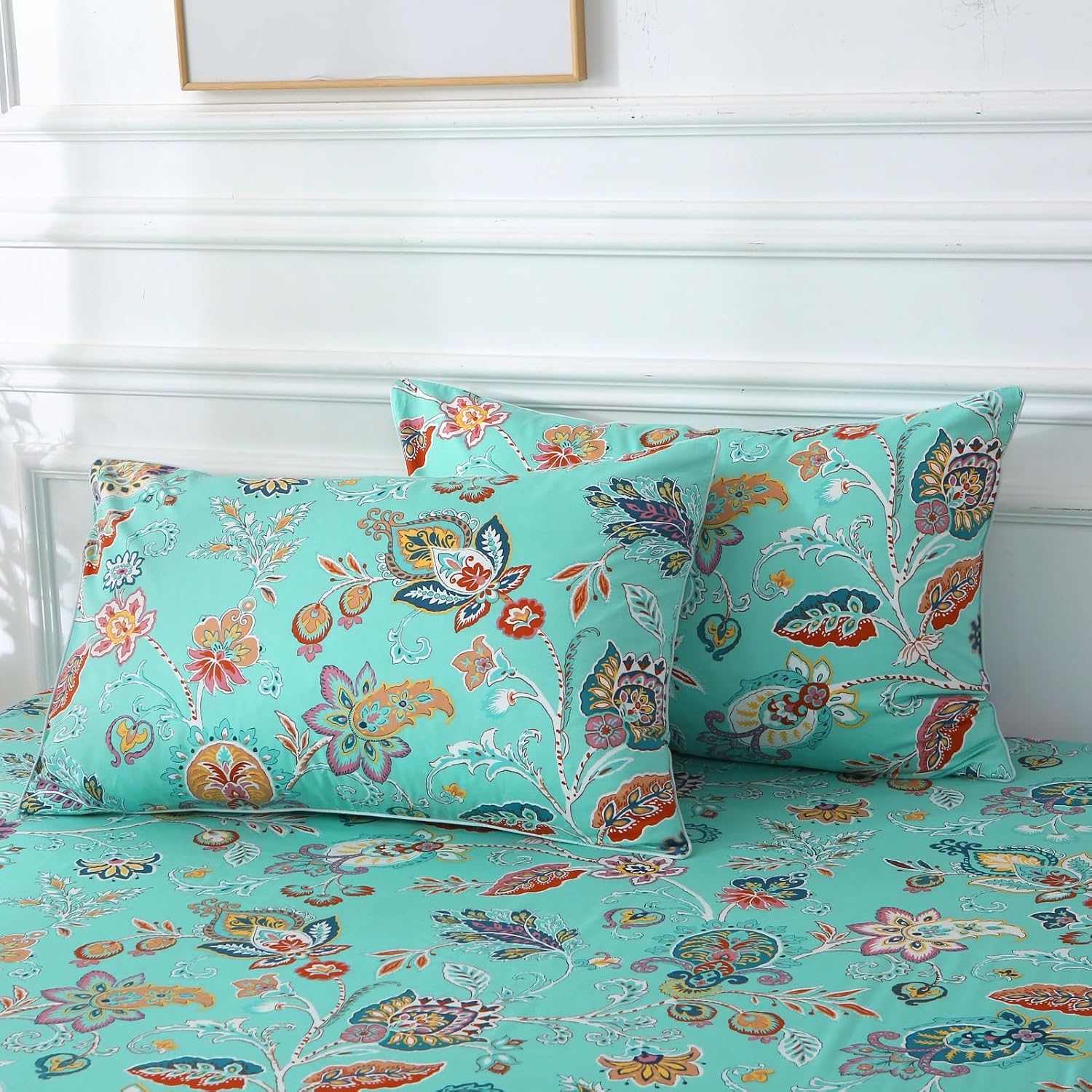 ABREEZE Sheets Set Blue Floral Bedding Rustic Flower Botanical Bed Sheet Set Vintage Farmhouse Bedding 100% Cotton Ultra Soft Breathable Beddings with Deep Pocket Fitted Sheet 4Pcs, King Size