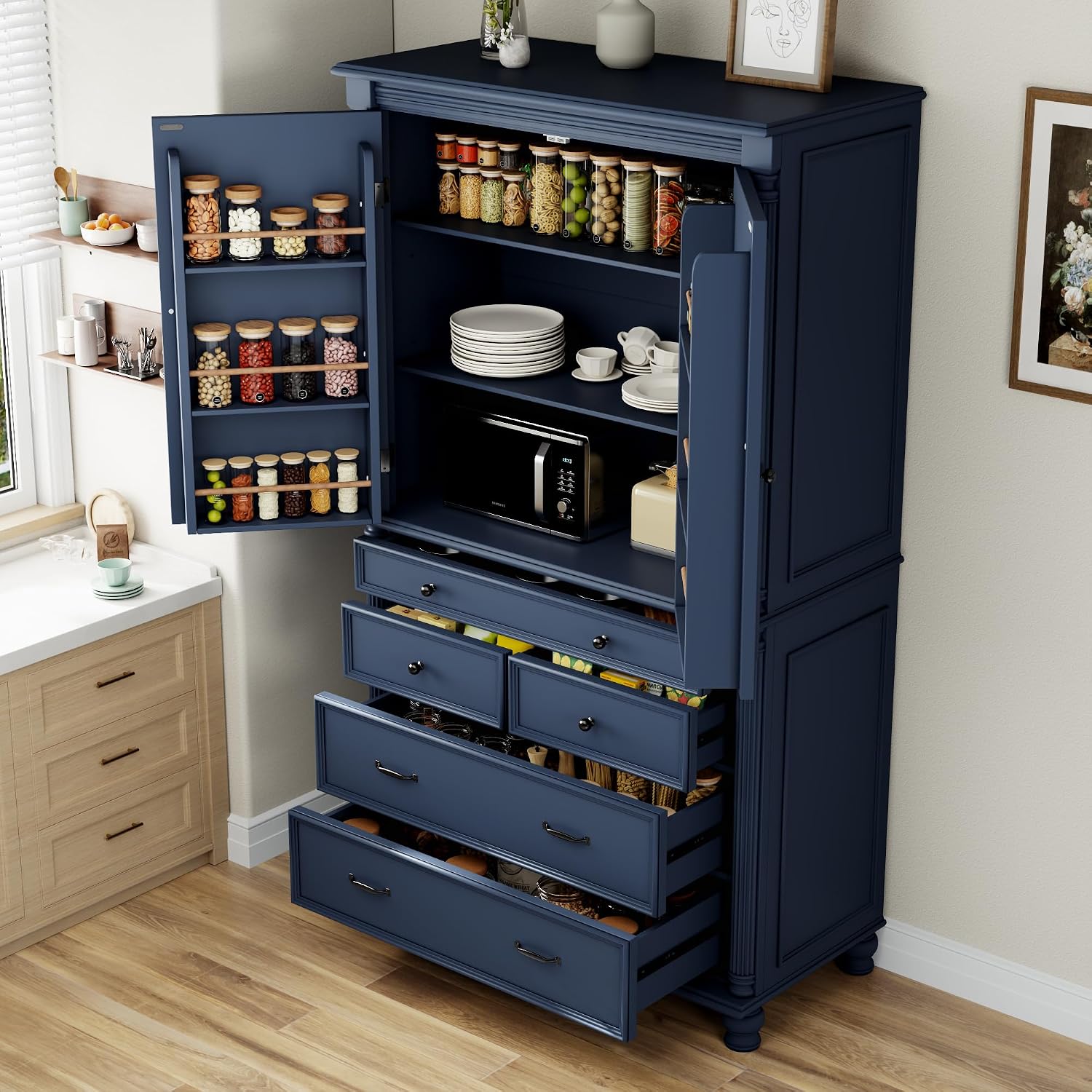 77.3 inch Tall Kitchen Pantry Cabinet with 6 Door Shelves and 2 Adjustable Shelves, Wooden Storage Cabinet Cupboard with 6 Drawers for Kitchen, Dining (Blue-83)