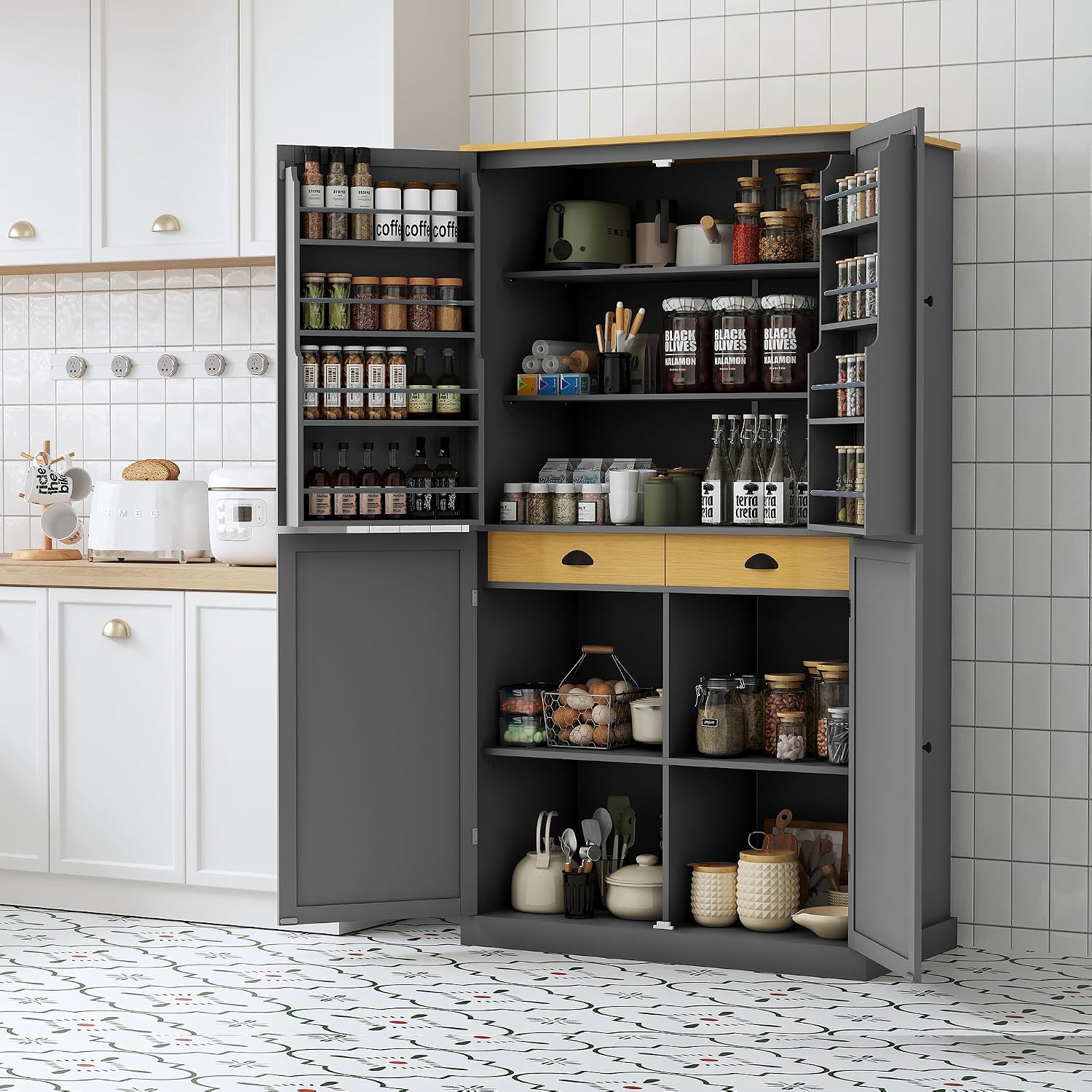 71.3inch Farmhouse Kitchen Pantry, Freestanding Large Cupboard Storage Cabinet with 2 Drawers and 2 Adjustable Shelves, Wood Storage Cabinet with 8 Door Shelves for Kitchen, Dining Room (Gray-2)