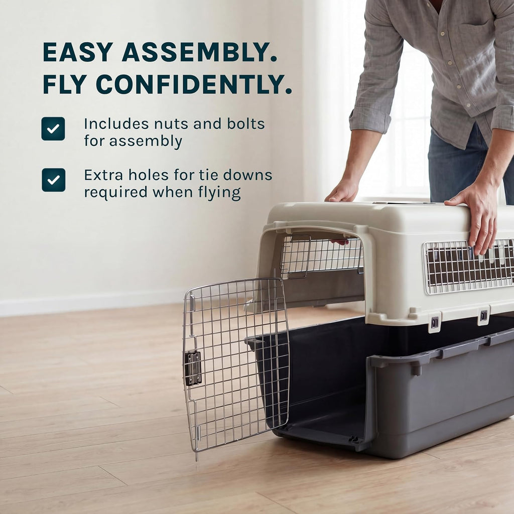 SportPet Airline Compliant MEDIUM 26.5' Travel Dog Kennel-Durable Plastic Airline Pet Carrier w/ Removable Wheels & Food Bowls, Collapsible Indoor/Outdoor Dog Kennel, Dogs up to 23'L & 15'H-Dark Gray