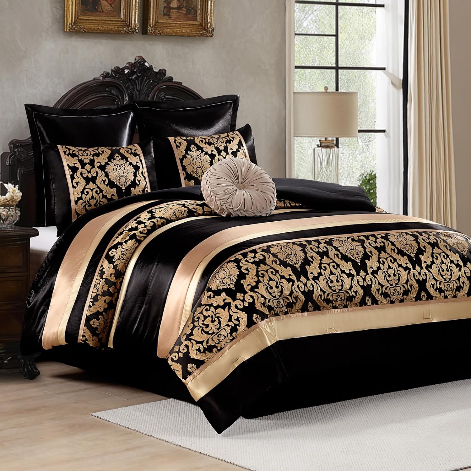 Finlonte Black Gold Comforter Set Queen Size - Luxury Jacquard Floral 7-Piece Silky Bed in a Bag, Vintage Patchwork All Season Down Alternative Bedding Set with Matching Pillows, Shams, Bed Skirt