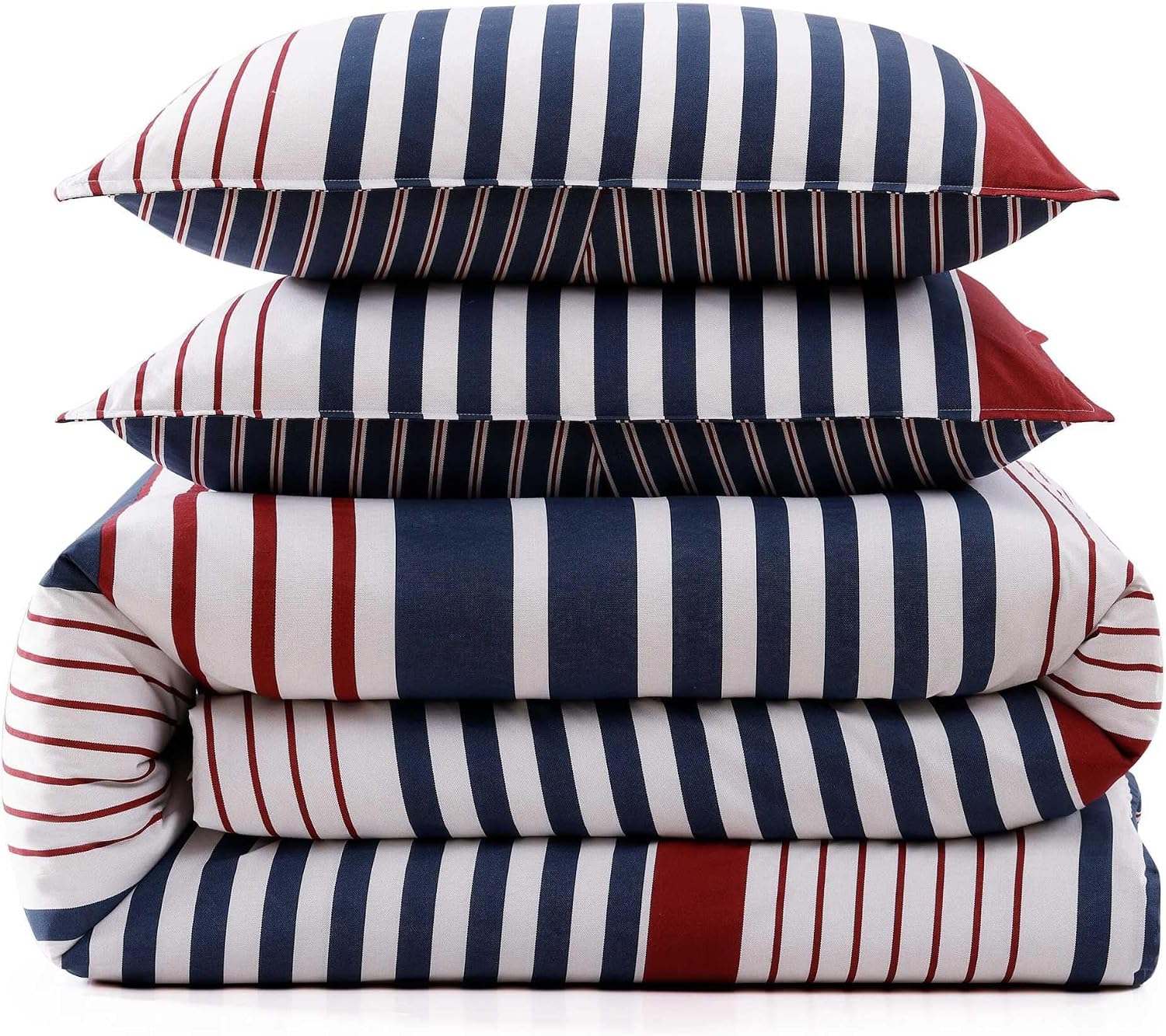 Tommy Hilfiger - Queen Duvet Cover Set, 100% Cotton Percale Bedding with Matching Shams, Button Closure & Corner Ties, Reversible Brooklyn Stripe Design, Americana Decor (Blue)