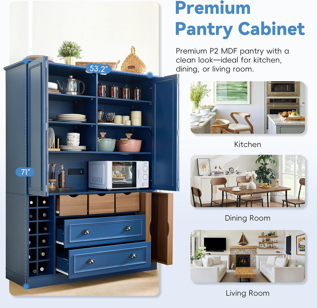 Farmhouse 71''H Large Kitchen Pantry, 53.2''Lx17.7''W Wood Dining Storage Cabinet Cupboard with 4 Foldable Doors, Power Outlet, Shelves, Wine Racks and Serving Trays (Blue-Fold D)