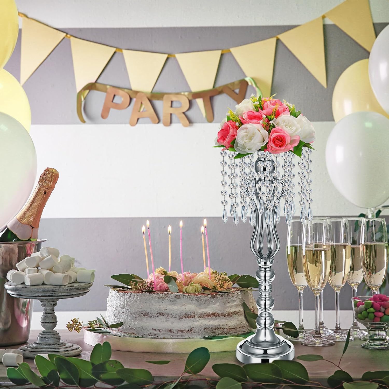 Didaey 16 Pcs Wedding Centerpieces for Tables, Gold Silver Vase Centerpiece with Chandelier Crystal Metal Flower Stand, Tall Flower Vases for Wedding Party Home Decoration(Silver,21.3')