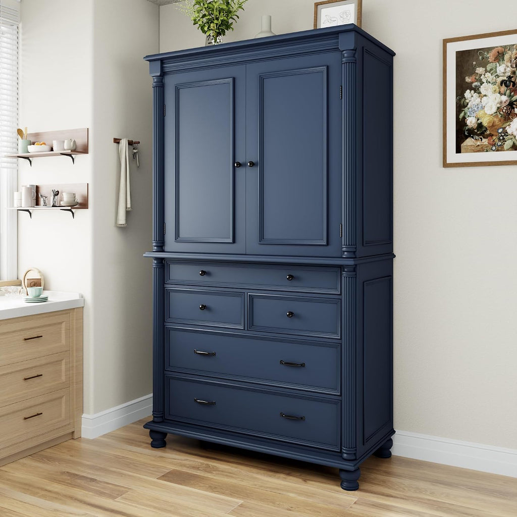 77.3 inch Tall Kitchen Pantry Cabinet with 6 Door Shelves and 2 Adjustable Shelves, Wooden Storage Cabinet Cupboard with 6 Drawers for Kitchen, Dining (Blue-83)