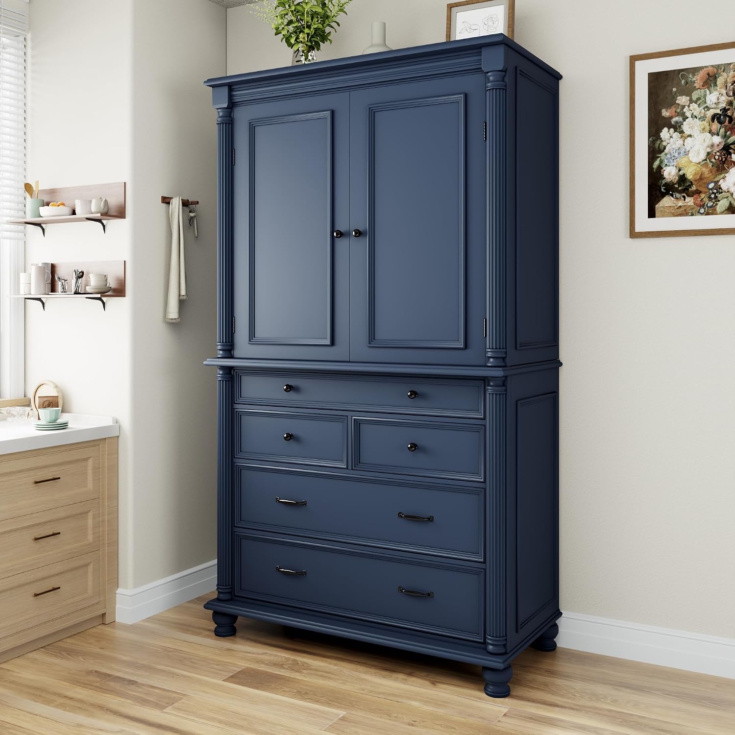 77.3 inch Tall Kitchen Pantry Cabinet with 6 Door Shelves and 2 Adjustable Shelves, Wooden Storage Cabinet Cupboard with 6 Drawers for Kitchen, Dining (Blue-83)