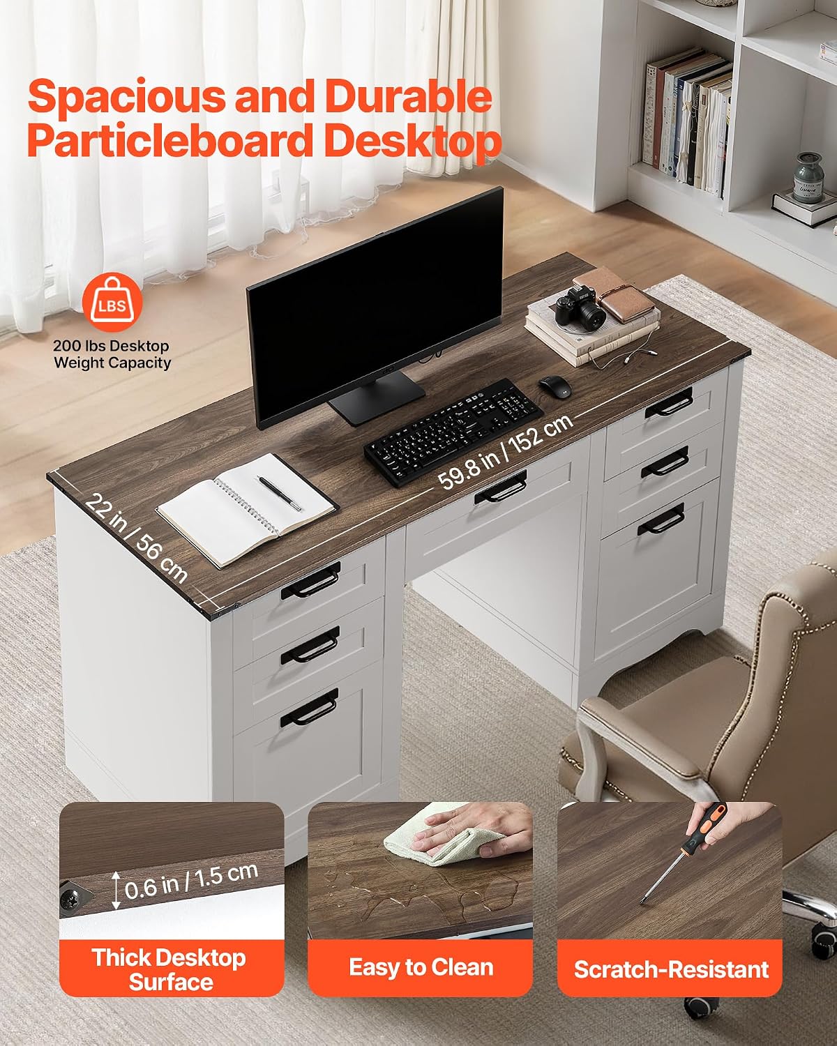 VEVOR 60' Executive Desk with Drawers, Farmhouse Home Office Desk with Charge Station, Keyboard Tray, File Storage Cabinet, 200 LBS Load Capacity Wood Table, Easy Assembly, for Work Study, Walnut