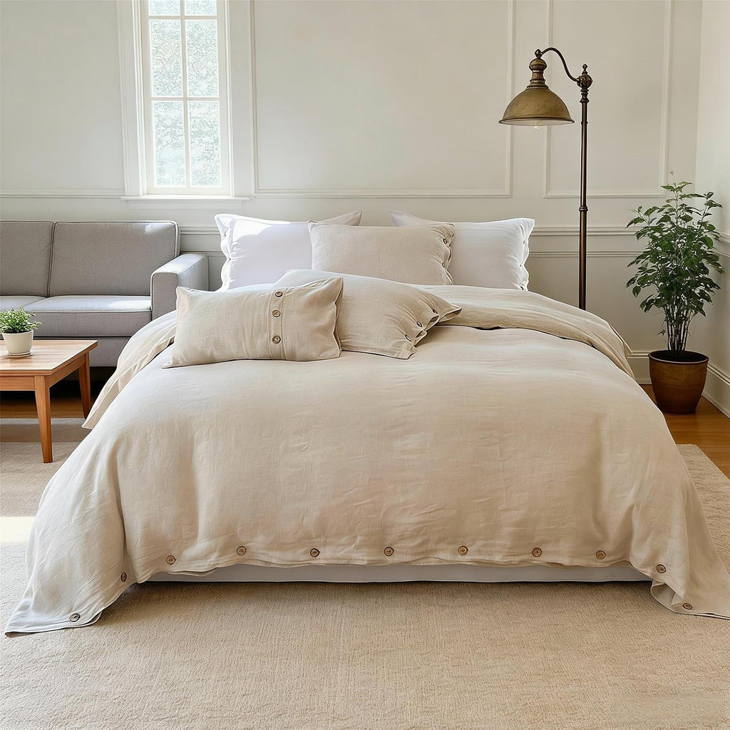 Simple&Opulence 100% Linen Duvet Cover Set 3pcs with Coconut Button Closure Natural French Washed Flax Solid Color Soft Breathable Farmhouse Bedding - Linen, Queen Size