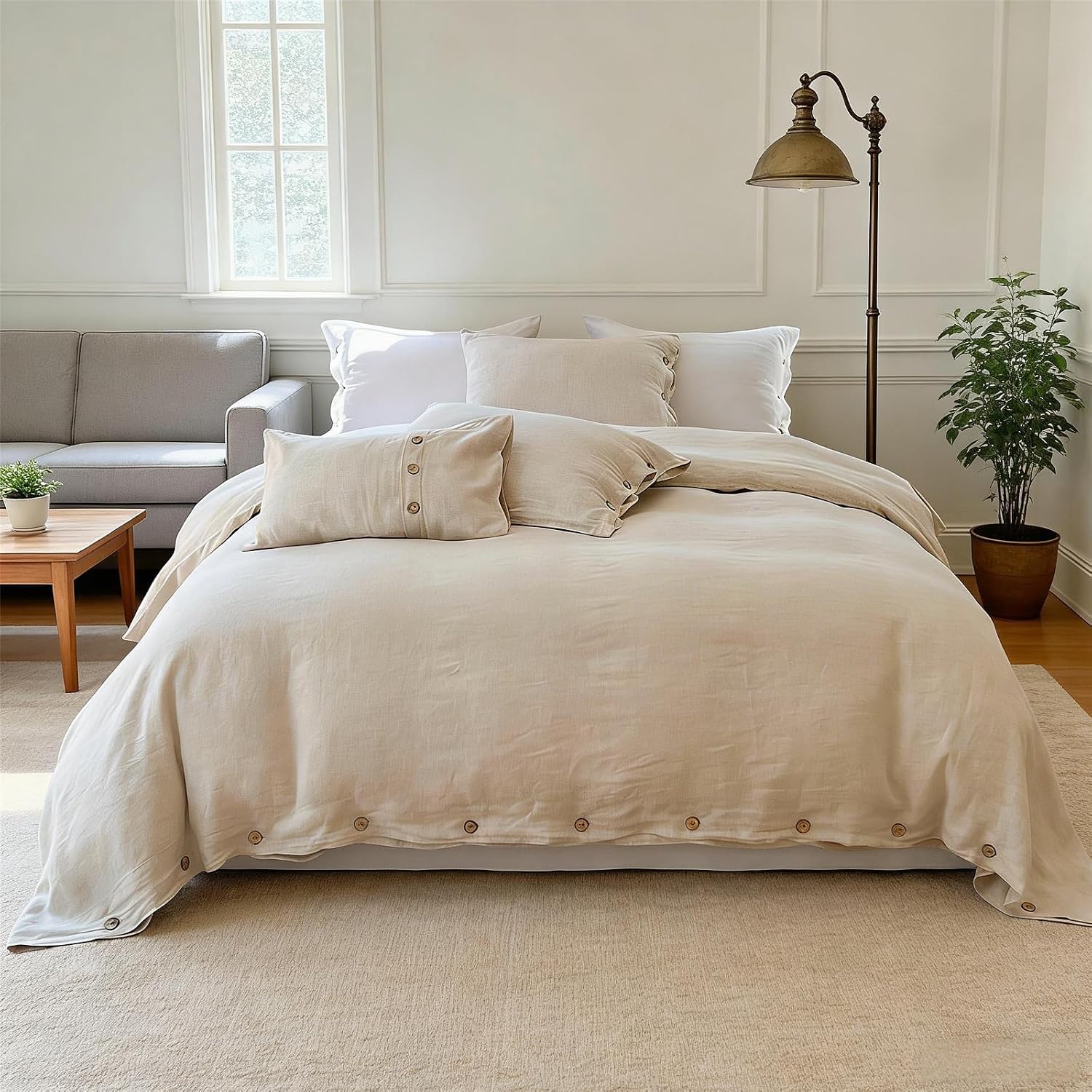 Simple&Opulence 100% Linen Duvet Cover Set 3pcs with Coconut Button Closure Natural French Washed Flax Solid Color Soft Breathable Farmhouse Bedding - Linen, Queen Size