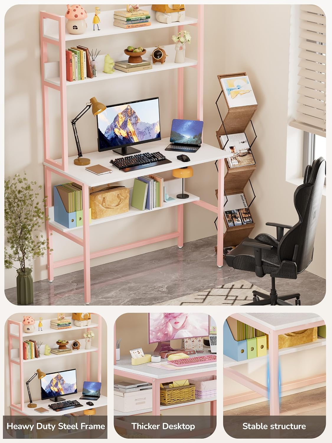 Aquzee Girls Desk with Hutch, 40'W x 19.6' D Computer Desk with Shelves, Tall Home Office Desk with Bookshelf, Metal Legs Study Table with Upper Storage Shelf for Study Writing/Workstation, Pink