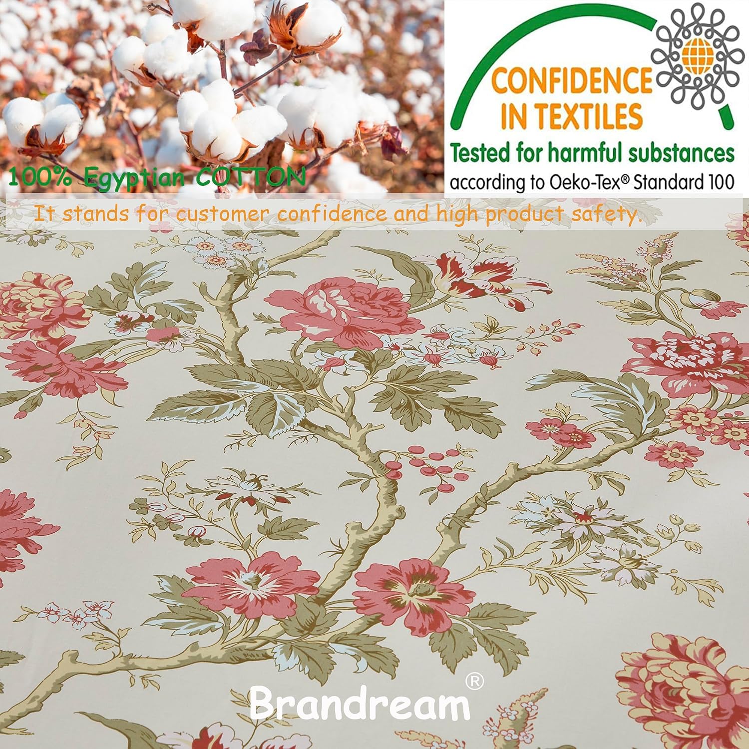 Brandream Floral Bedding Chinoiserie Blossom Farmhouse Sheets Set Queen Size Luxury Grandmillennial Bedding Decor 100% Egyptian Cotton Deep Pocket, 4Pieces Botanical Tree Branches Ornamental Drawing