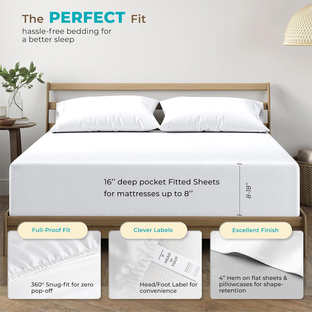 THREAD SPREAD 100% Egyptian Cotton California King Bed Sheets - 800 Series Euphoria Collection Cal King Sheets (6 PC, White), Sateen Weave Deep Pocket Hotel Sheet, Soft Cooling Bedding Sheet