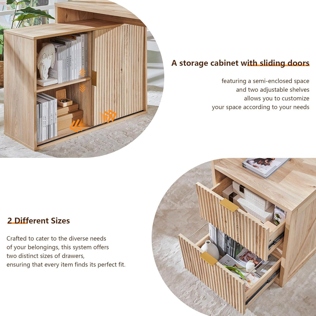 JXQTLINGMU 67' Modern L Shaped Desk with Storage Cabinet & Drawers, Wood Home Office Desk with Power Outlets, Fluted Computer Writing Desk, Oak