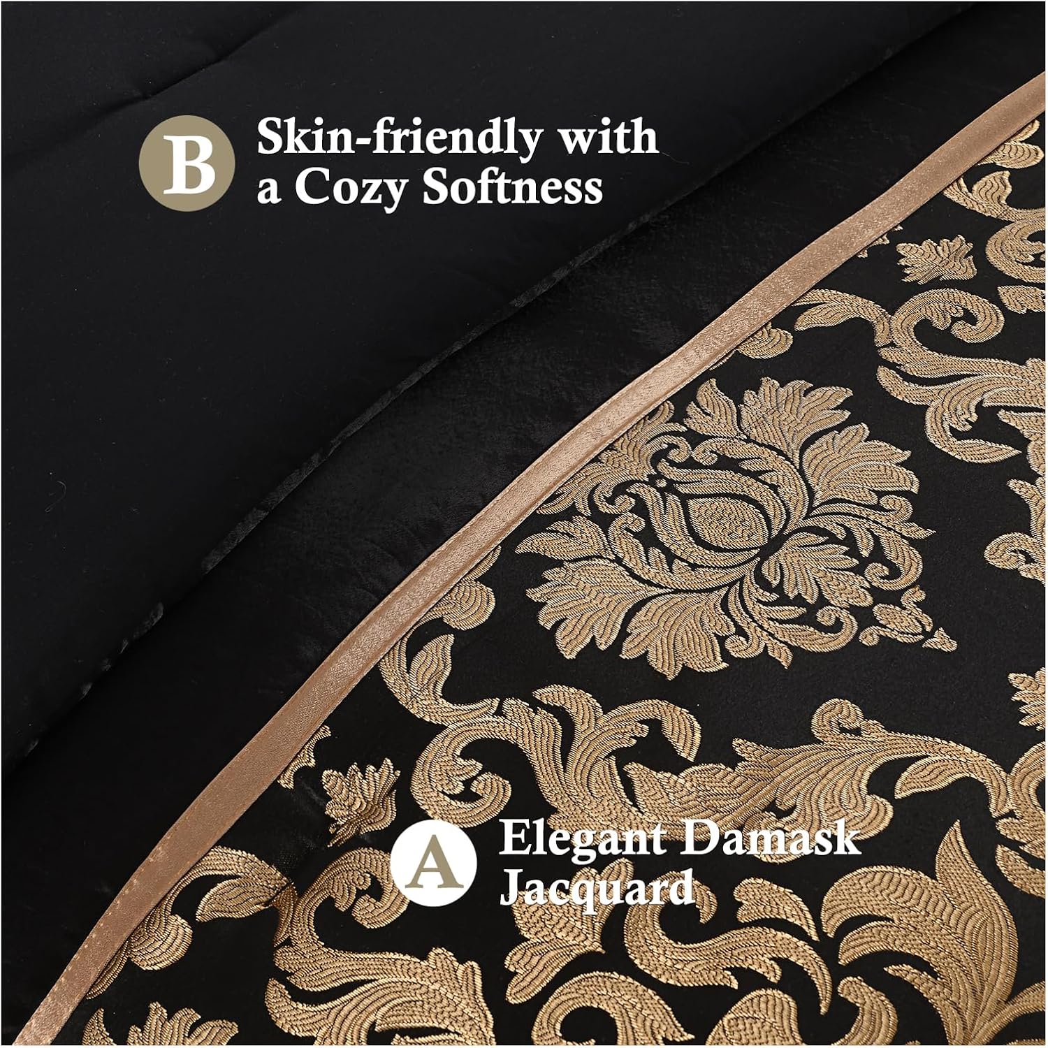 Finlonte Black Gold Comforter Set Queen Size - Luxury Jacquard Floral 7-Piece Silky Bed in a Bag, Vintage Patchwork All Season Down Alternative Bedding Set with Matching Pillows, Shams, Bed Skirt