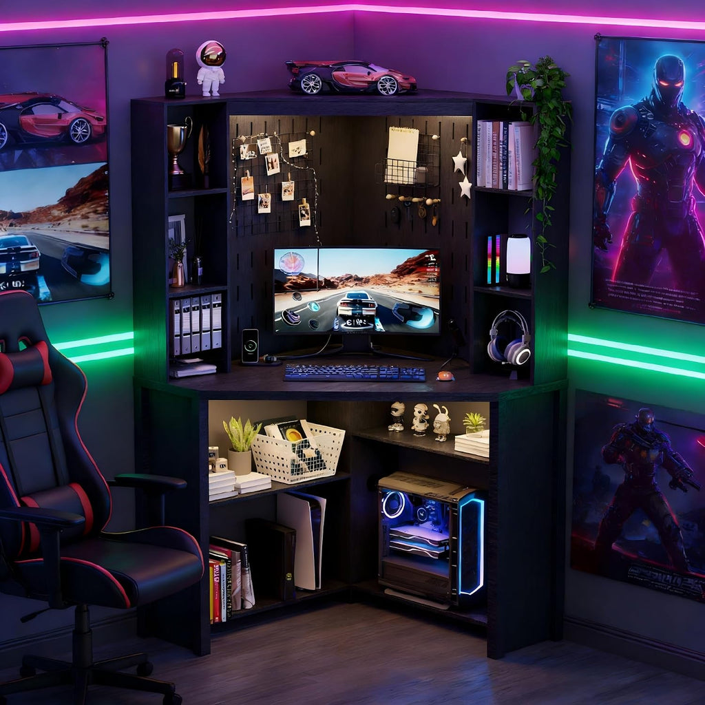 Corner Desk with - LED Reading Light, L-Shaped Computer Desk w/Hutch & Shelves, Home Office Desk w/Charging Station for Work & Study, File Cabinet Storage Bookshelf for Small Space (Black)