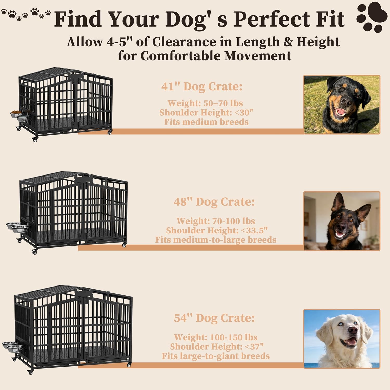 EasyCom 41 inch Heavy Duty Indestructible Dog Crate, Extra Large Metal Dog Kennel with 2 Adjustable Bowls, Open Top & Lockable Wheels, Escape Proof Indoor Cage for High Anxiety Large & Medium Breeds