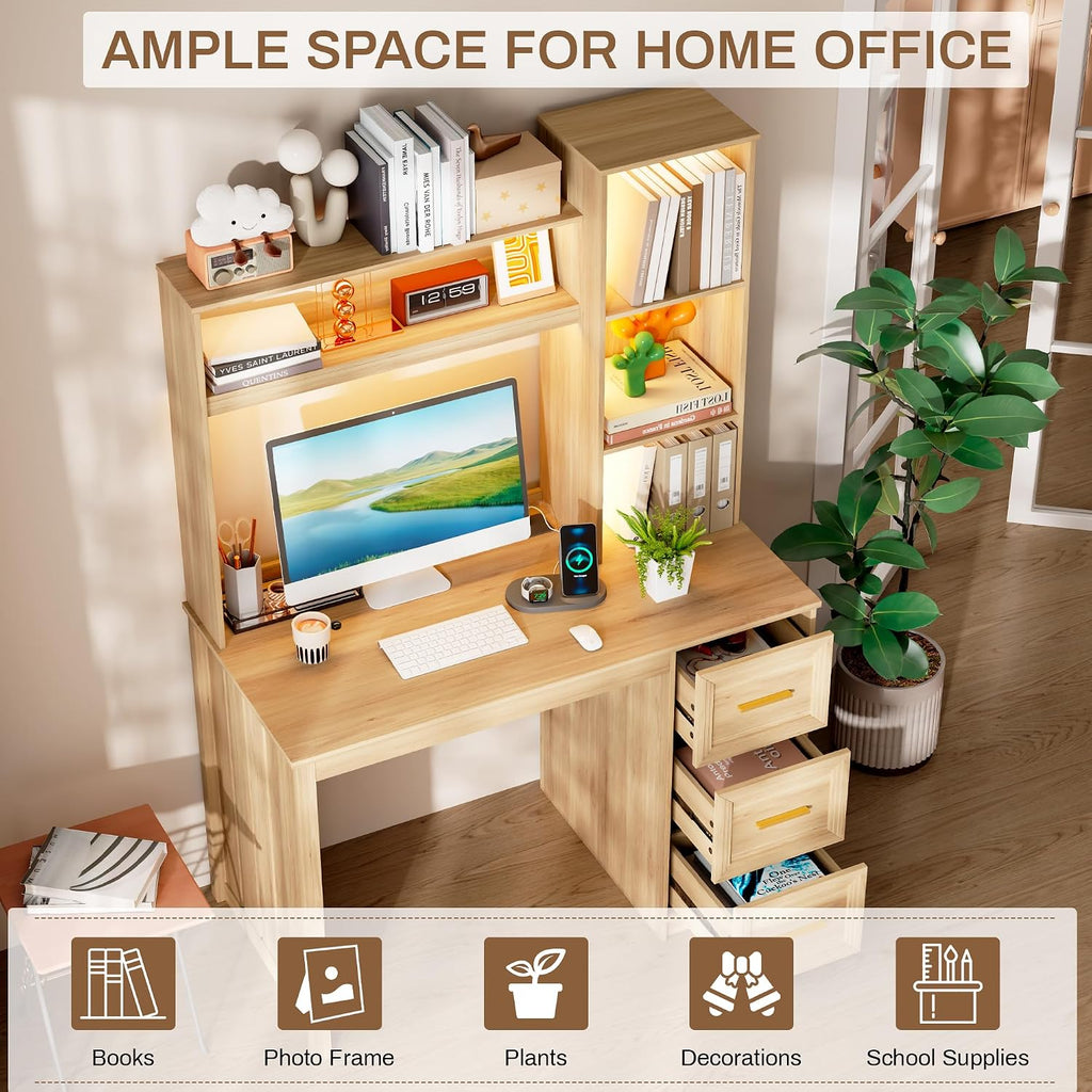 LVSOMT 40' Home Office Desk with Hutch and Drawers, Computer Desk with Power Outlets and LED Light, Study Writing Gaming Table with Storage Shelves, Workstation for Bedroom, Wood
