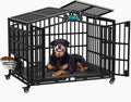EasyCom 41 inch Heavy Duty Indestructible Dog Crate, Extra Large Metal Dog Kennel with 2 Adjustable Bowls, Open Top & Lockable Wheels, Escape Proof Indoor Cage for High Anxiety Large & Medium Breeds