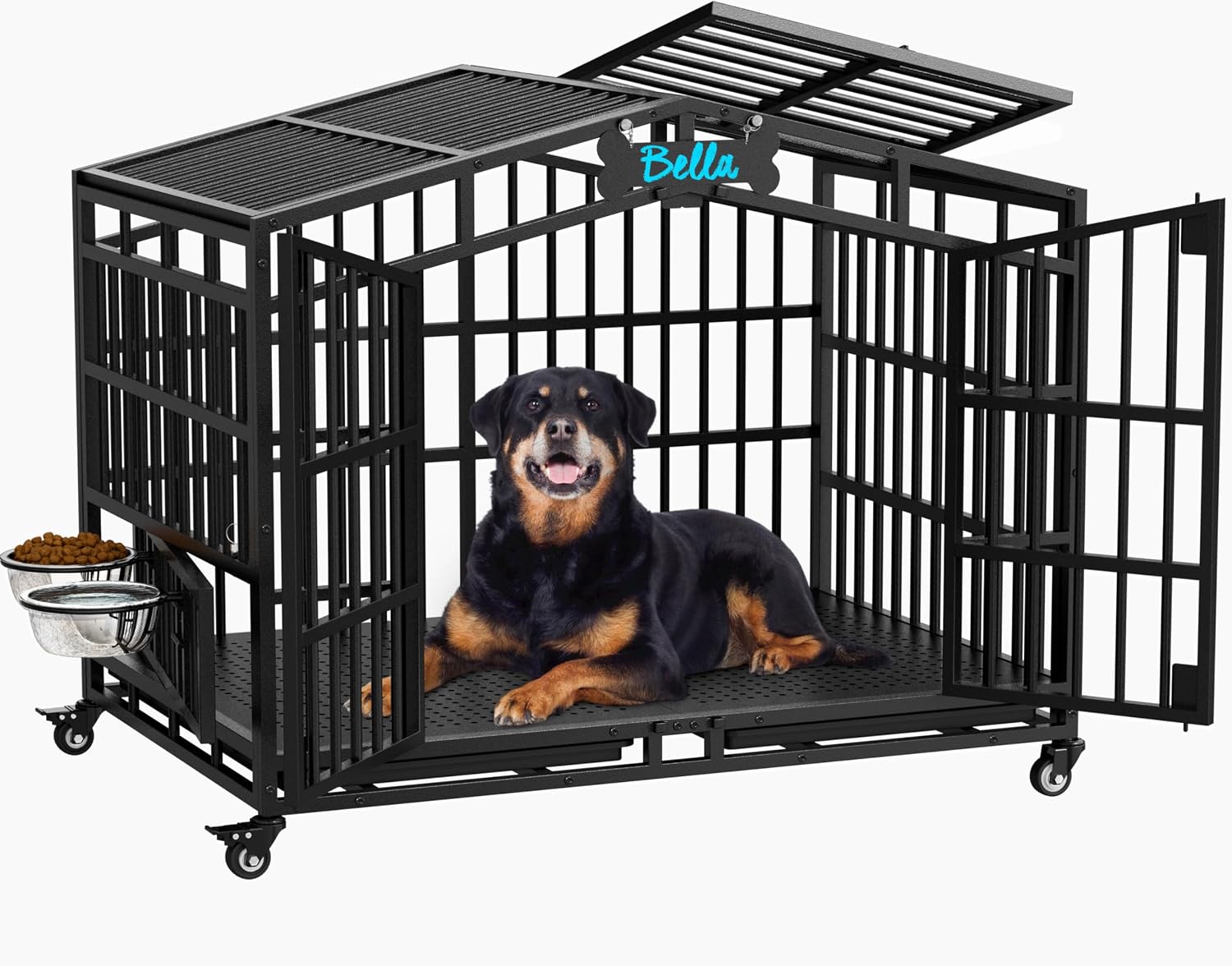 EasyCom 41 inch Heavy Duty Indestructible Dog Crate, Extra Large Metal Dog Kennel with 2 Adjustable Bowls, Open Top & Lockable Wheels, Escape Proof Indoor Cage for High Anxiety Large & Medium Breeds