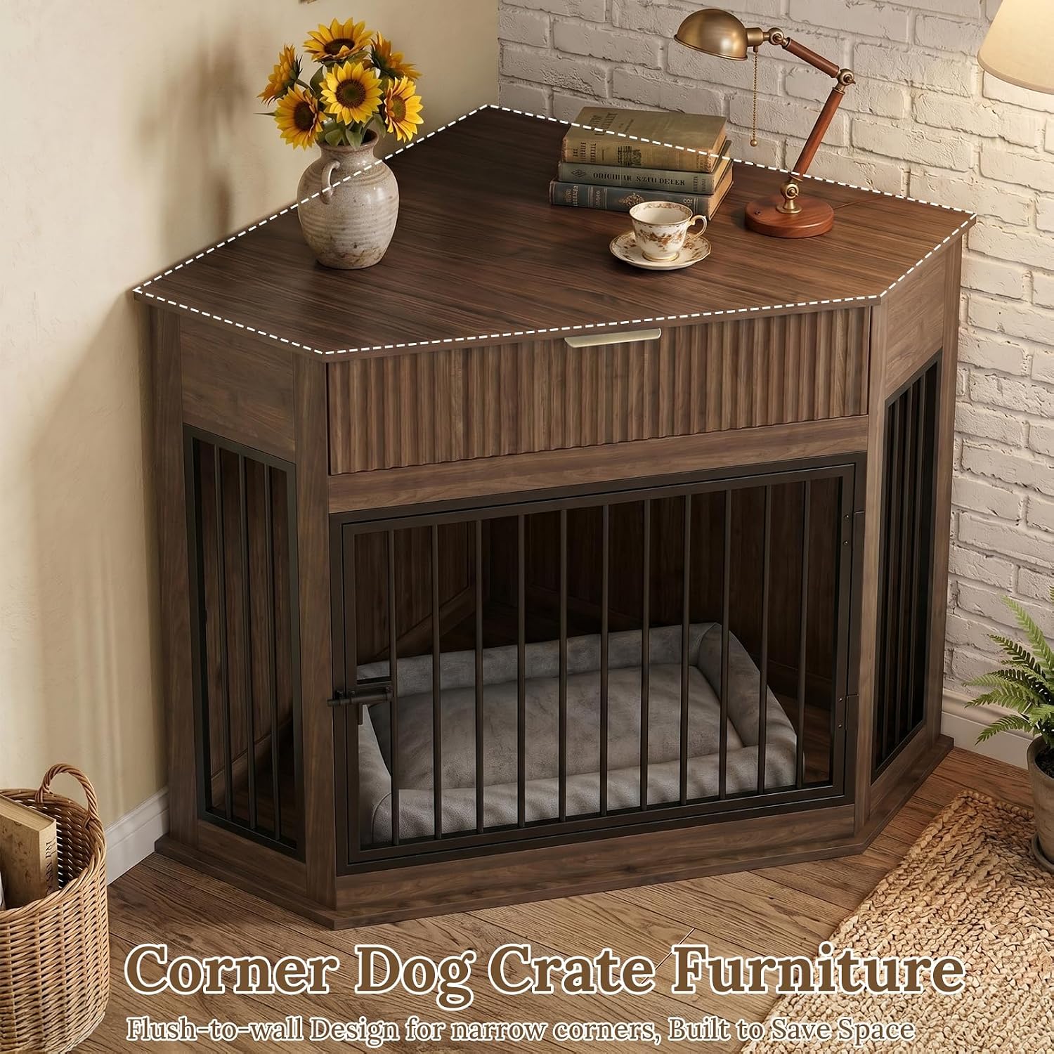 Yafylly Corner Dog Crate Furniture, 44.6' Furniture Style Corner Dog Crate with Fluted Drawer, Wooden Dog Kennel End Table for Small Medium Dogs, Dog Cage TV Stand, Brown