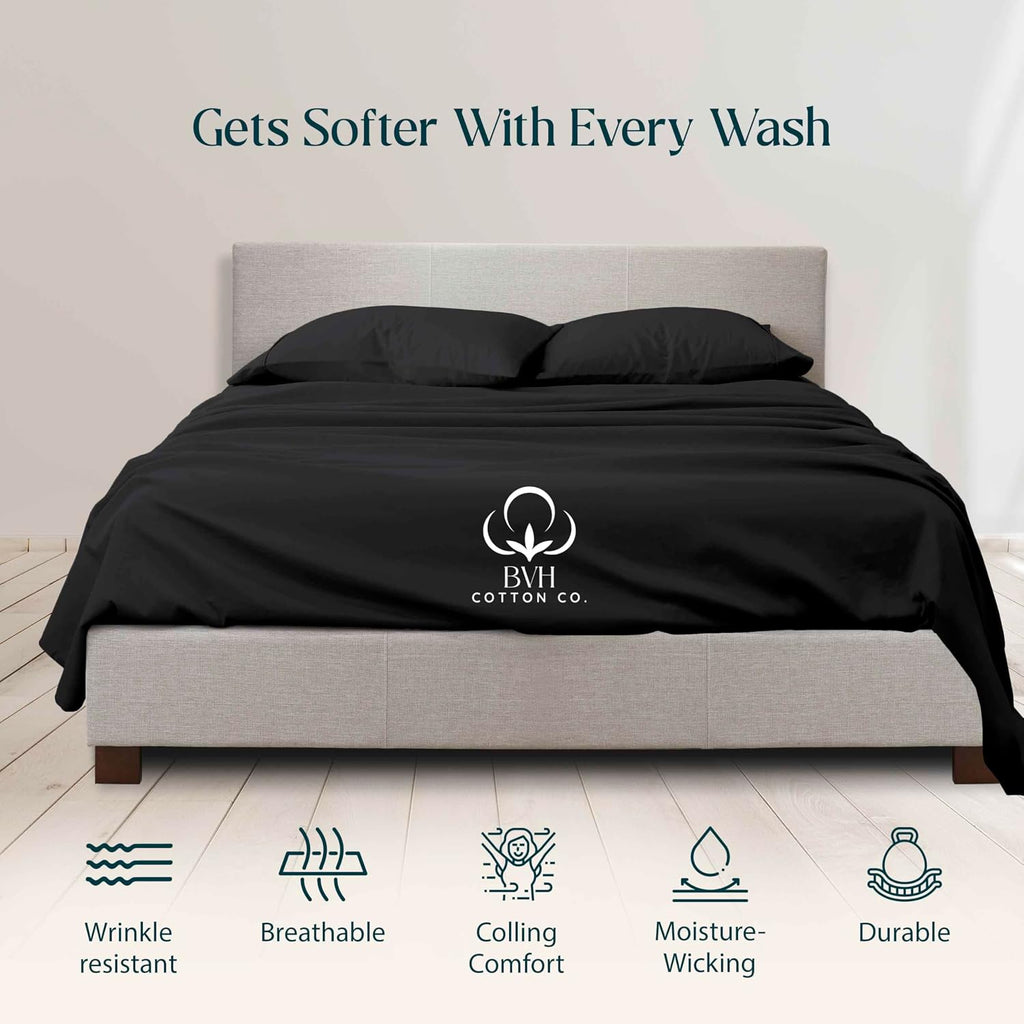 Egyptian Cotton Queen Size Sheet Set, 4Pc Bed Set, Soft & Breathable Percale Weave, Fits 10-12' Deep Pocket, Hotel-Quality 1000 Series Bed Sheets (Solid, Black)