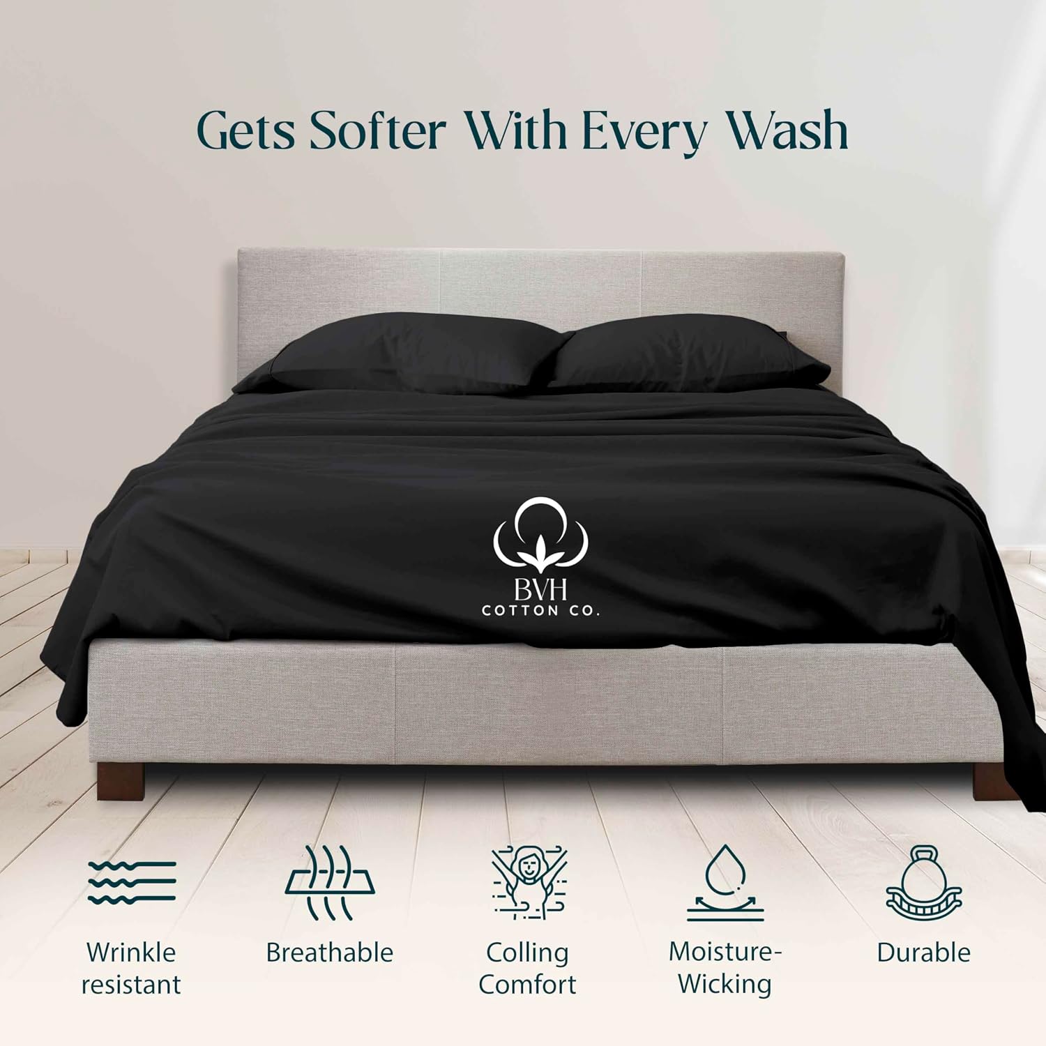 Egyptian Cotton Queen Size Sheet Set, 4Pc Bed Set, Soft & Breathable Percale Weave, Fits 10-12' Deep Pocket, Hotel-Quality 1000 Series Bed Sheets (Solid, Black)