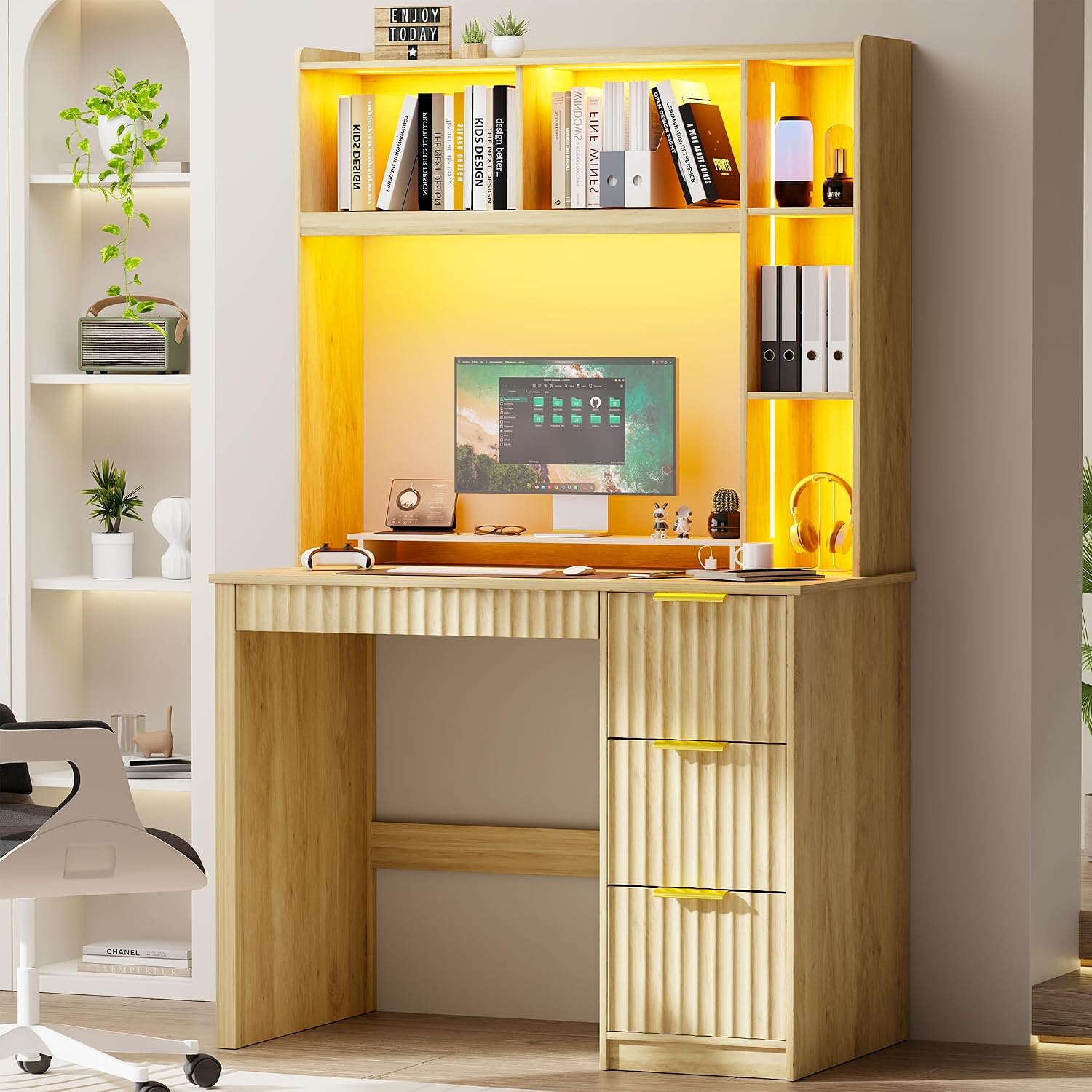 WOOVIVS Home Office Desk with Hutch & LED Lights - 39' Computer Desk with Charging Station, 3 Large Drawers, Hidden Compartment & Fluted Panel Design,Natural Writing Desk for Bedroom, Study