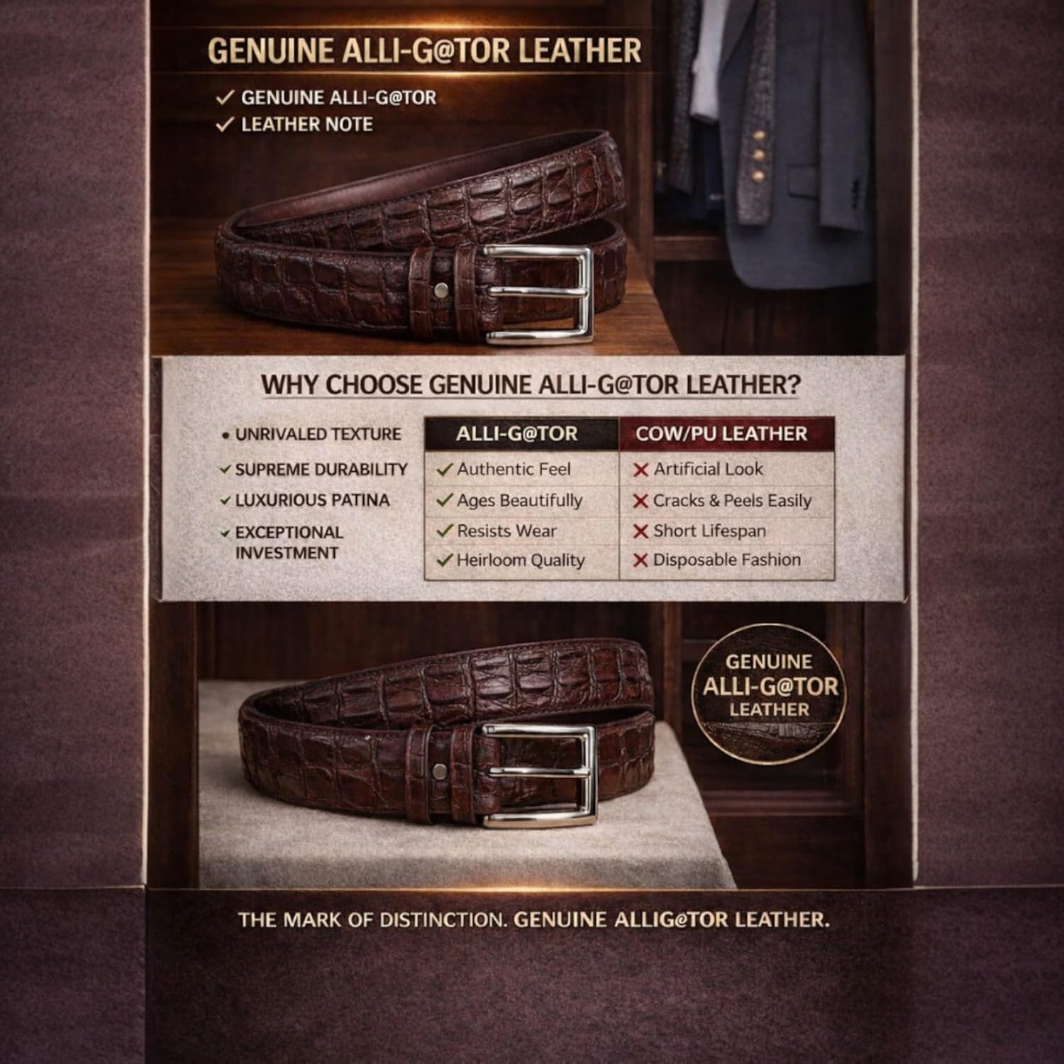 Genuine Alligator Leather Belts Buckle for Men, Crocodile Skin Belt for Mens