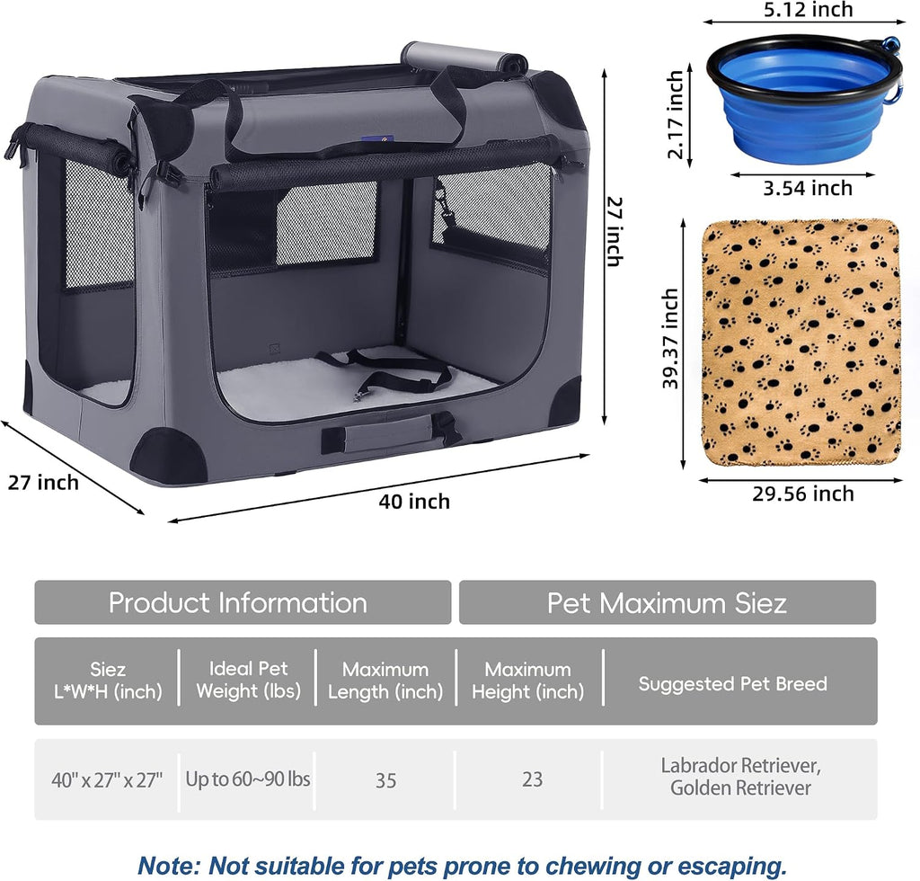 Petprsco 40 Inch Collapsible Dog Crate, Portable Dog Crates for Large Dogs, XL Dog Crate for Travel, 3 Door Soft Dog Kennel with Durable Mesh Windows Indoor & Outside