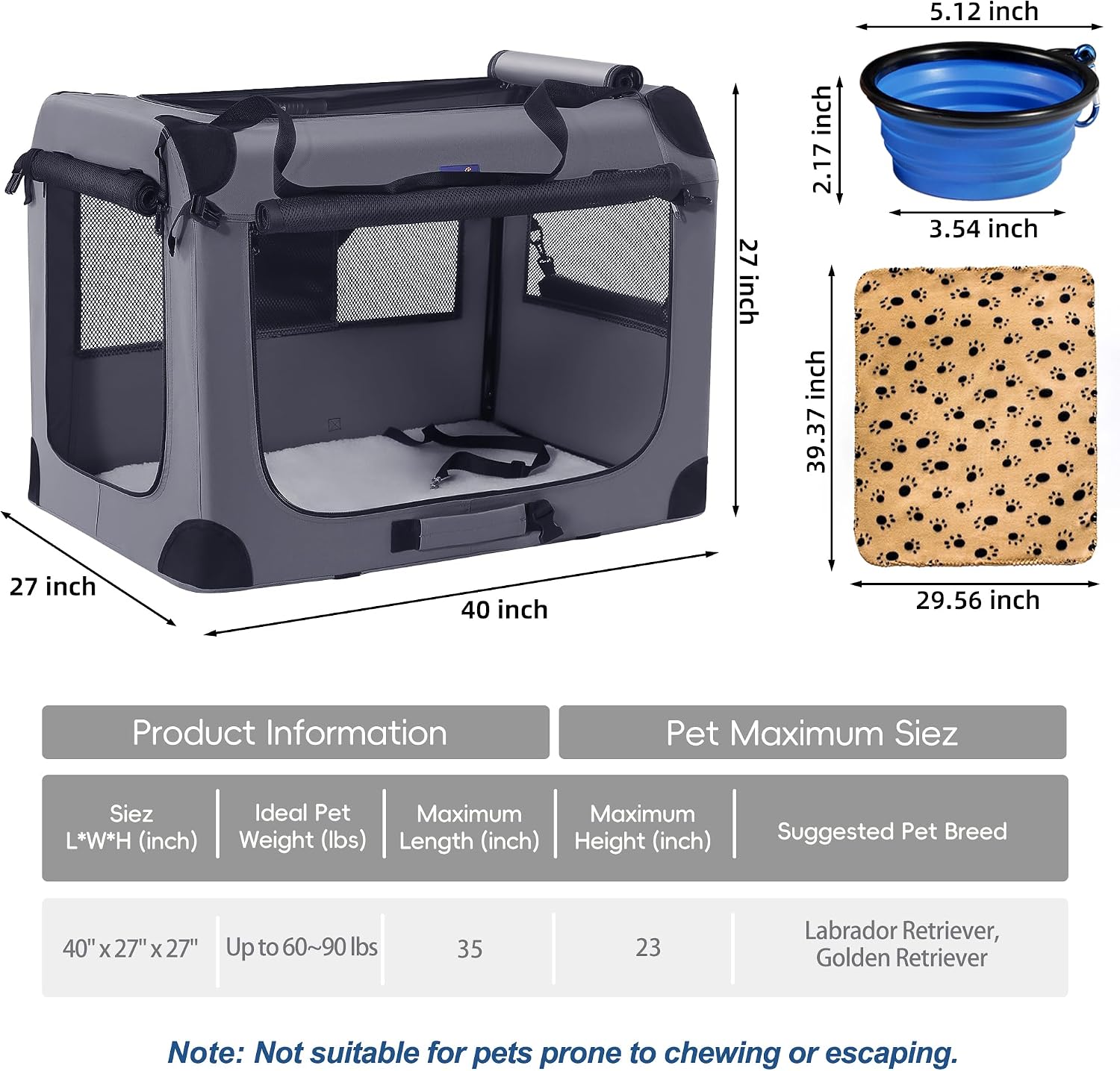 Petprsco 40 Inch Collapsible Dog Crate, Portable Dog Crates for Large Dogs, XL Dog Crate for Travel, 3 Door Soft Dog Kennel with Durable Mesh Windows Indoor & Outside
