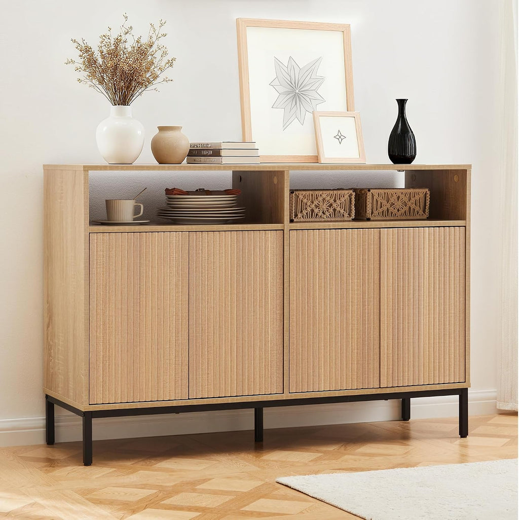 46 inch Sideboard Buffet Cabinet with Open Storage Shelf, Modern Fluted Credenza with 4 Doors and Adjustable Shelf, Large Coffee Bar Storage for Kitchen, Entryway