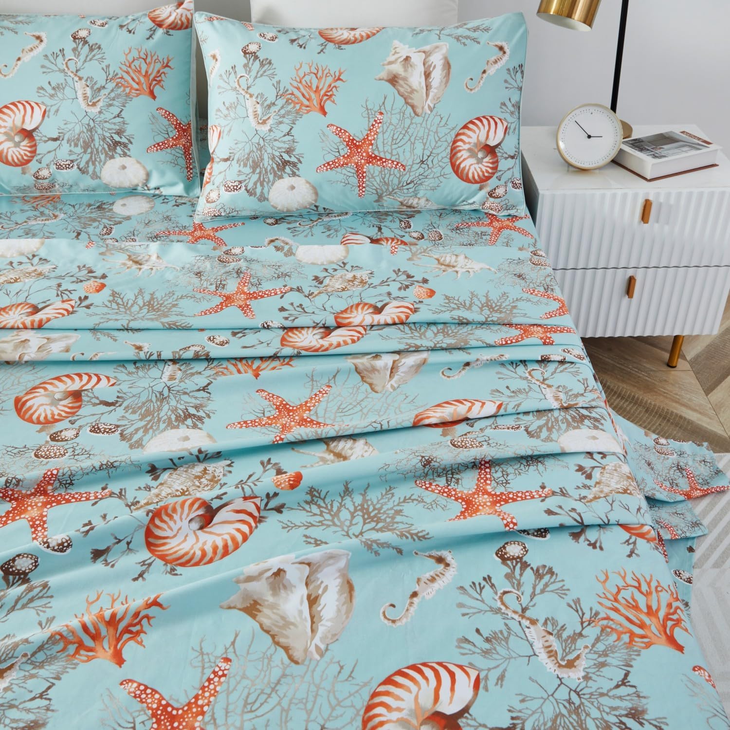 Brandream Luxury Nautical Bedding Queen Size Sheets Set Egyptian Cotton Coastal Beach Bed Sheet Set Deep Pockets 18 Inch 4-Piece Bed Sheets