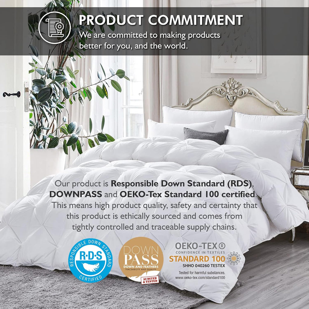 Luxurious Queen Size Goose Down Feather Fiber Comforter Duvet Insert, 100% Egyptian Cotton Cover, 60 oz. Fill Weight Comforter (Queen, White Pinch Pleat)
