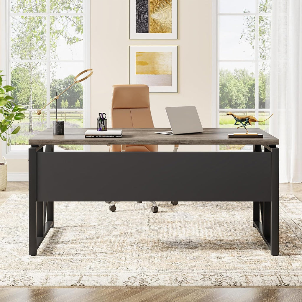 Tribesigns 55 inches Computer Desk with Bottom Storage Shelf Home Office Desk Writing Table for Workstation,Dark Walnut + Steel Leg， Cabinet not Included (Dark Oak, 55-inch -with Shelf)