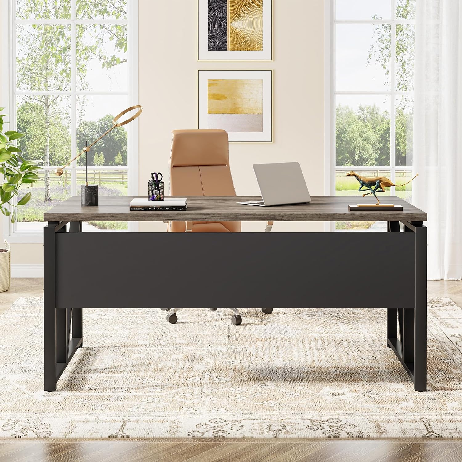 Tribesigns 55 inches Computer Desk with Bottom Storage Shelf Home Office Desk Writing Table for Workstation,Dark Walnut + Steel Leg， Cabinet not Included (Dark Oak, 55-inch -with Shelf)