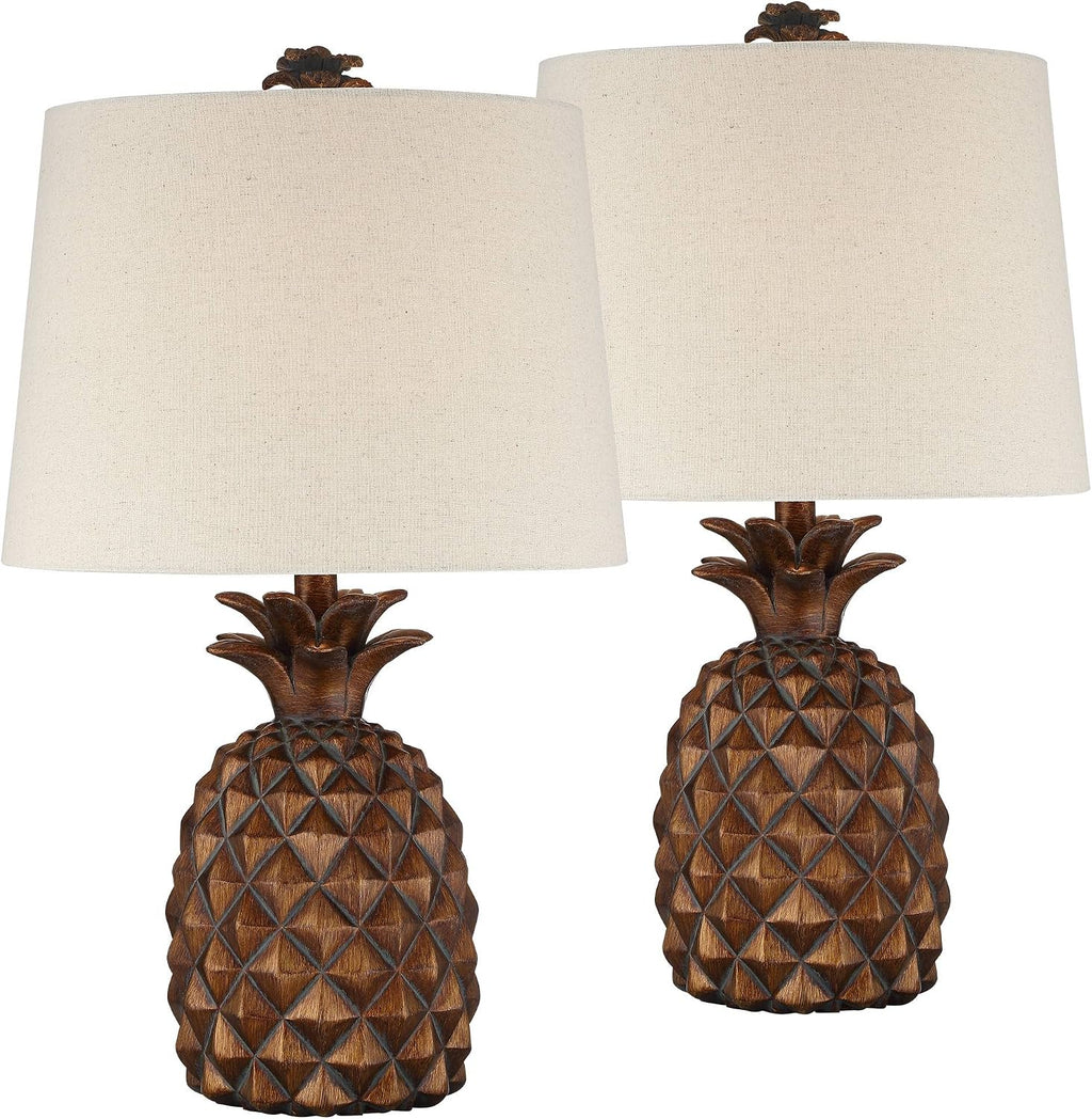 Regency Hill Paget 23 3/4' High Pineapple Small Coastal Tropical Accent Table Lamps Set of 2 Brown Living Room Bedroom Bedside Nightstand House Office Home Reading Fabric Oatmeal Shade