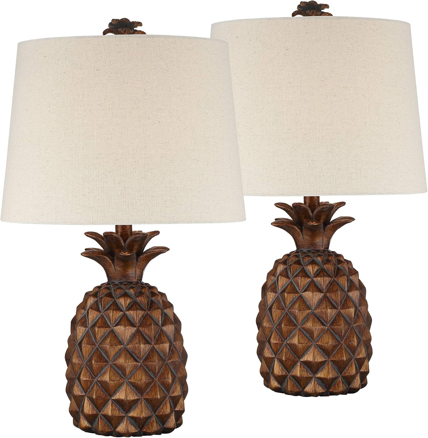 Regency Hill Paget 23 3/4' High Pineapple Small Coastal Tropical Accent Table Lamps Set of 2 Brown Living Room Bedroom Bedside Nightstand House Office Home Reading Fabric Oatmeal Shade
