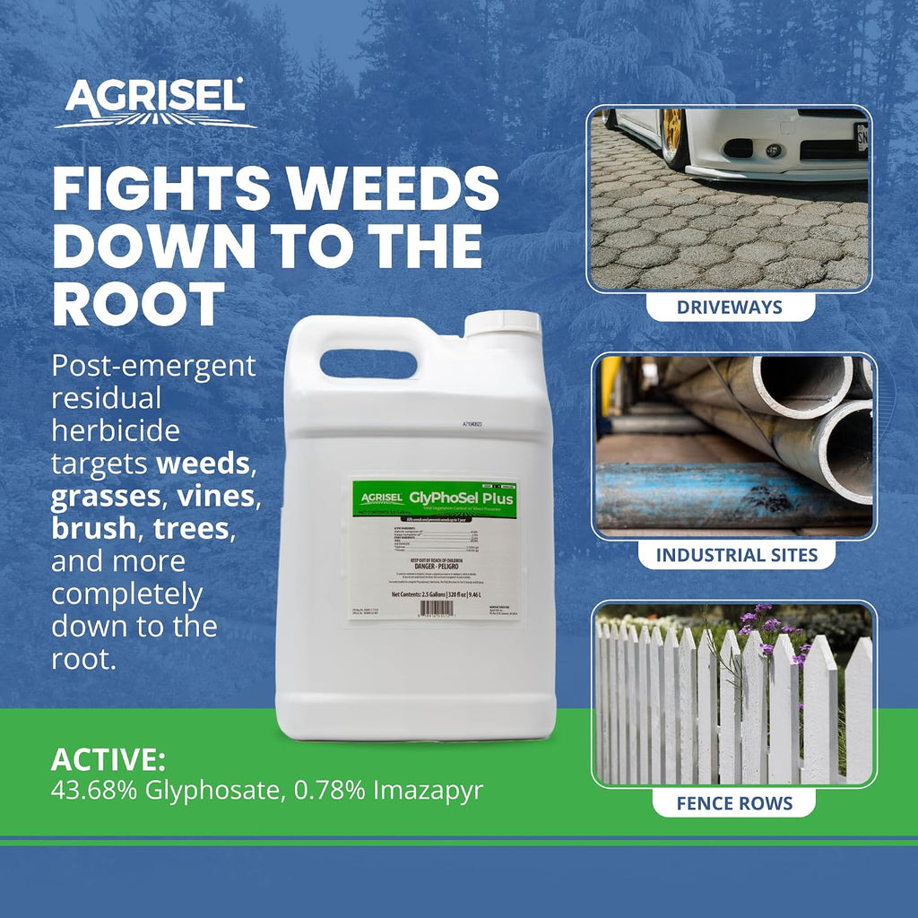 Agrisel GlyPhoSel Plus Weed Killer, Post Emergent, Long-Lasting Action, Eliminates Tough Weeds from Leaf to Root, For Non-Crop Areas, Pet Safe, Includes 3-pack of Agrisel Protective Gloves, 320 Ounces