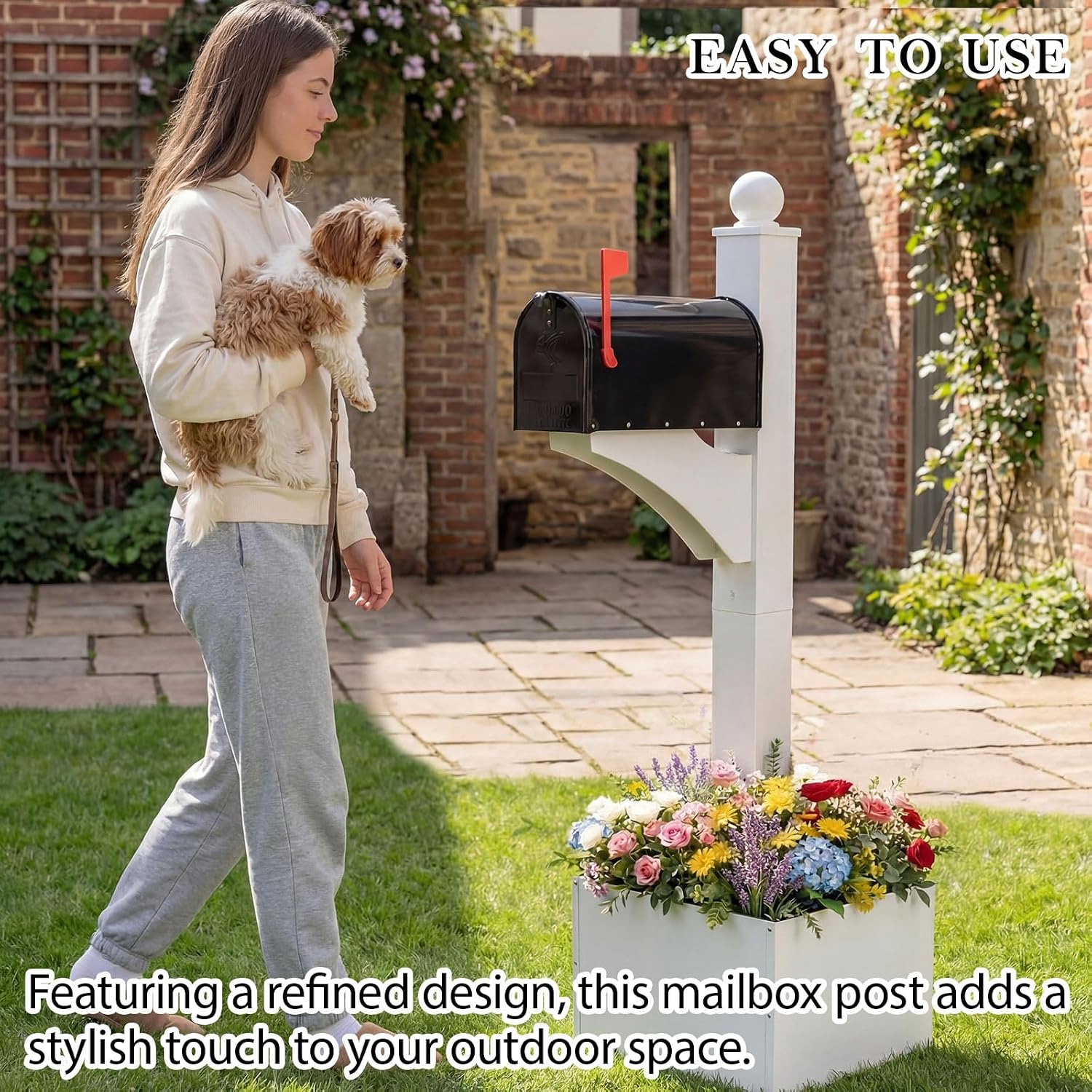 Colingmill White and Black Iron Mailbox Posts with Mailbox and Planter Box for Outside Decorative Ground Mounting Post 56 Inch / 4.6 ft Tall Heavy Duty Stand for Outdoor Use