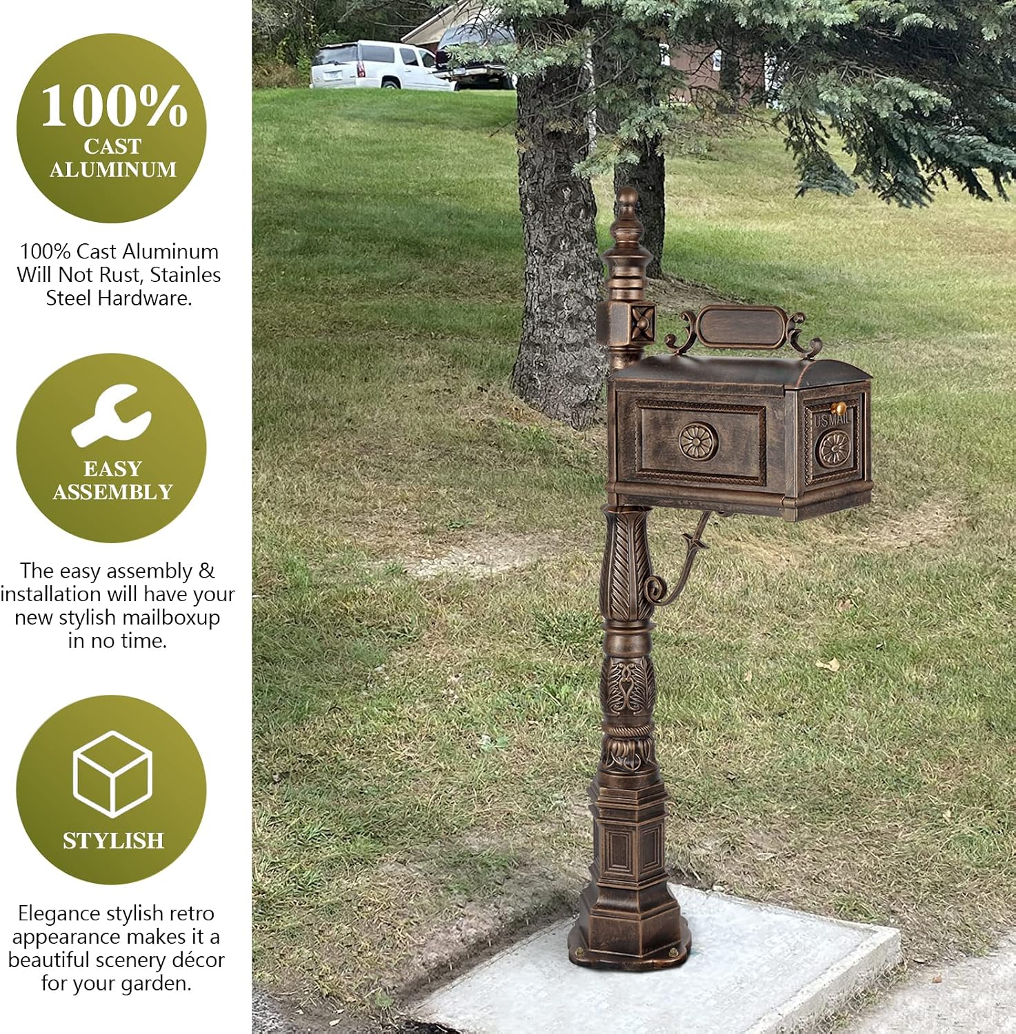 Polar Aurora Barcelona Decorative Post Mailbox Combination Stratford Heavy Duty Postal Mail Box Cast Aluminum(Bronze)