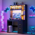 40' W Fluted Study Desk with Hutch and Storage Cabinet, Computer Desk with Power Outlet & LED Lights, Home Office Desk with Card-Based Lock for Study, Bedroom, Living Room, Retro Black