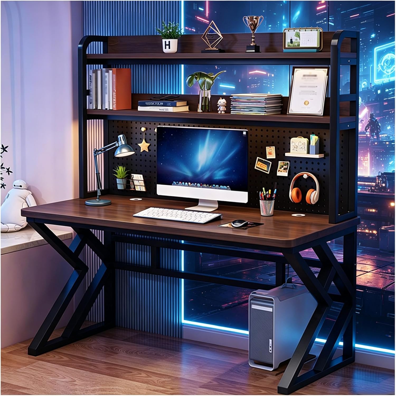 39.3in Gaming Desk with Bookshelf Combo, Computer Desk with Pegboard, Large Writing Table with Desktop Shelves, Ample Leg Room, for Home Office (Black, 39.3in)