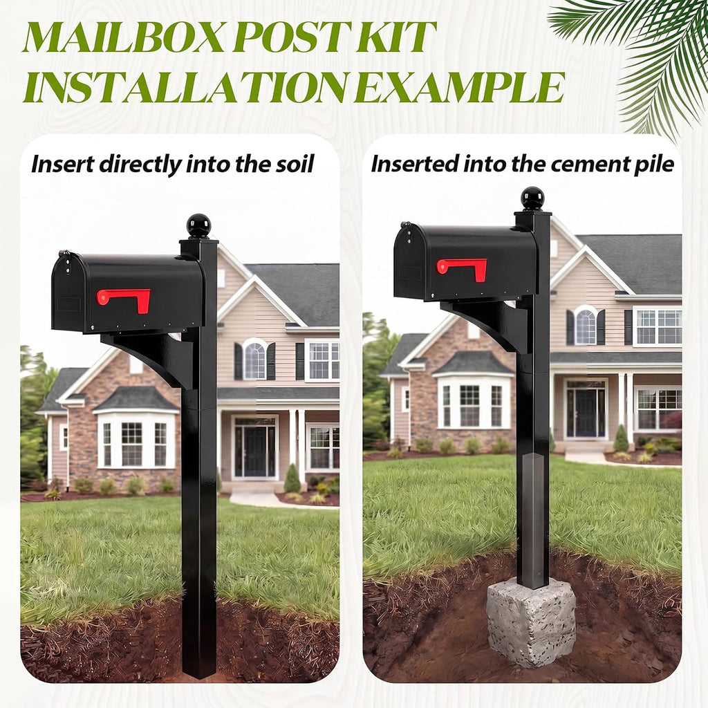 Colingmill Black 1 Set Iron Mailbox Posts with Mailbox for Outside Ground Mounting Post 56 Inch Tall Heavy Duty Architectural Stand with 8 Screws for Outdoor Use
