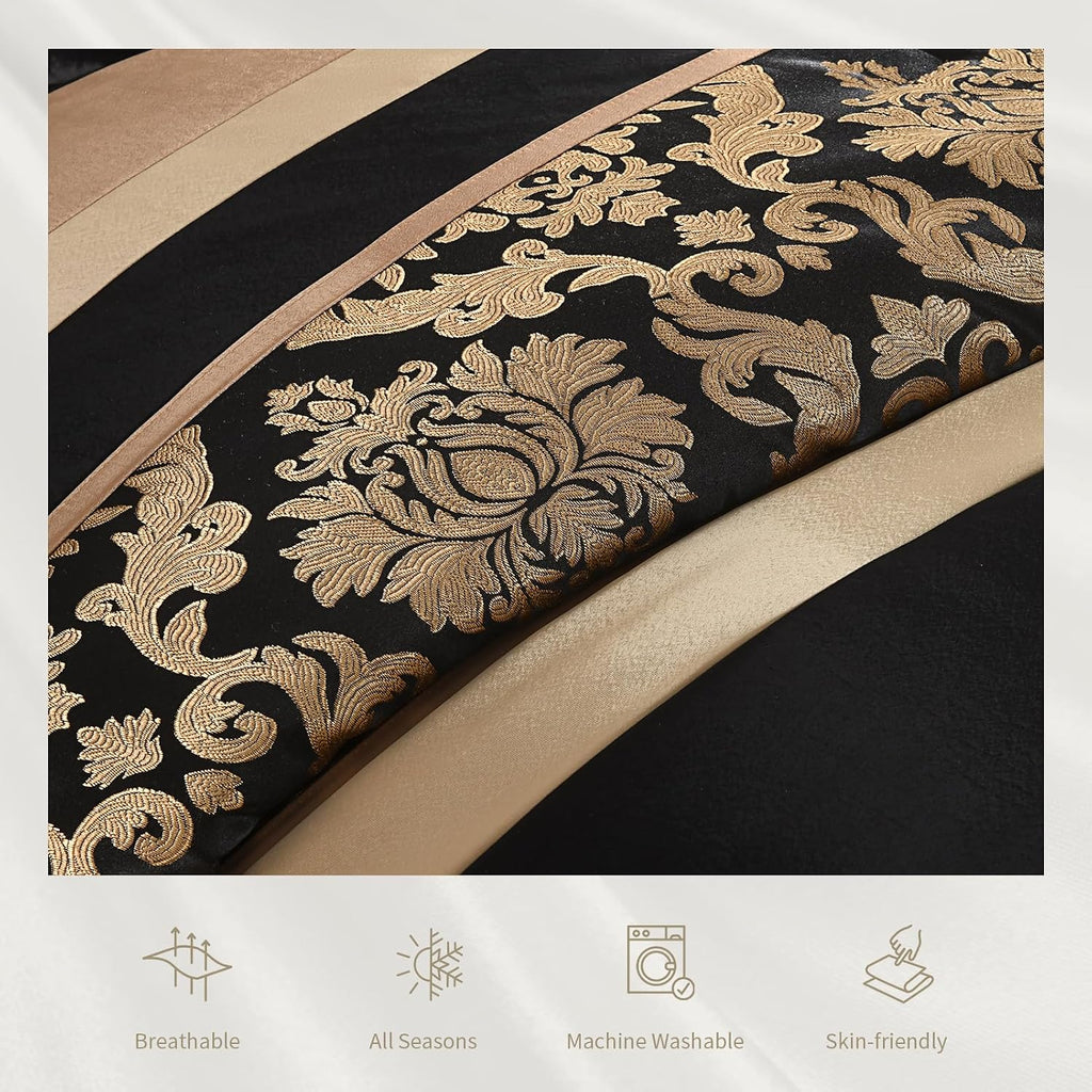 Finlonte Black Gold Comforter Set Queen Size - Luxury Jacquard Floral 7-Piece Silky Bed in a Bag, Vintage Patchwork All Season Down Alternative Bedding Set with Matching Pillows, Shams, Bed Skirt