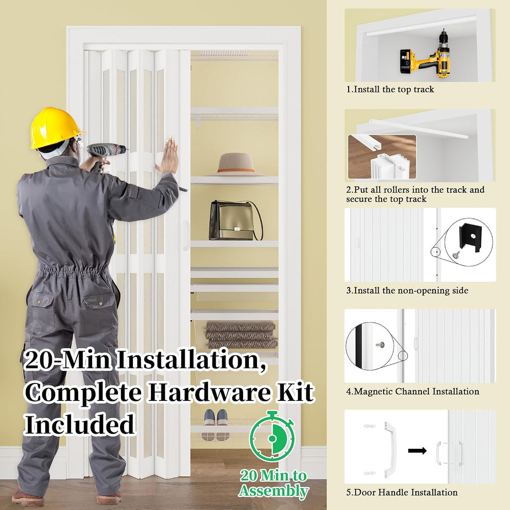 WINSTELLAR 36' x 80' Enhanced Accordion Doors with 4 Frosted Acrylic Panels, Bifold Closet Door Hardware Kit Included, PVC Interior Folding Doors with 2 Handles for Closet Bathroom Doorways
