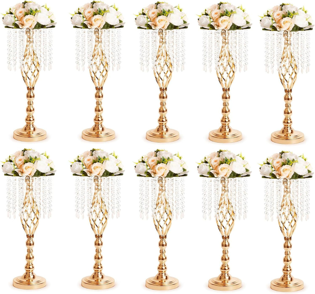 10pcs Gold Metal Flower Vases Crystal Flower Stand Wedding Centerpieces for Tables Party Dinner Event Restaurant Hotel Decoration