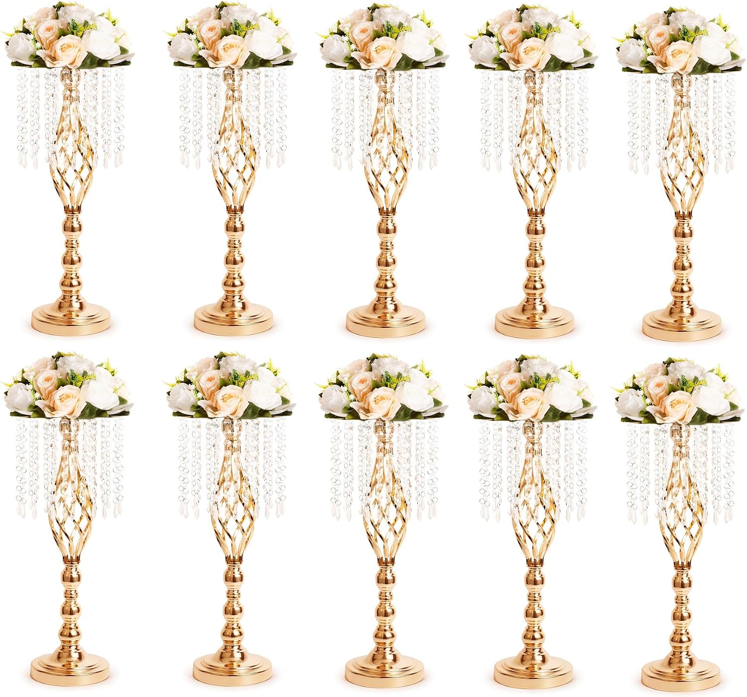 10pcs Gold Metal Flower Vases Crystal Flower Stand Wedding Centerpieces for Tables Party Dinner Event Restaurant Hotel Decoration